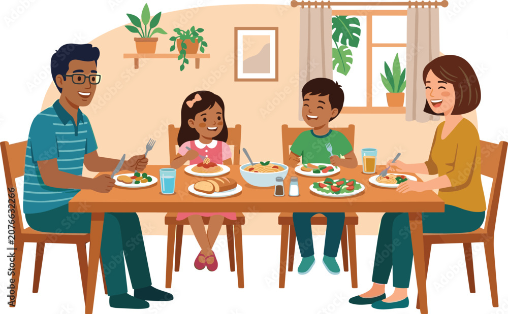 Fototapeta premium Happy Multicultural Family Eating Dinner Together at Dining Table with Healthy Food and Drinks in a Cozy Home Interior Vector Illustration