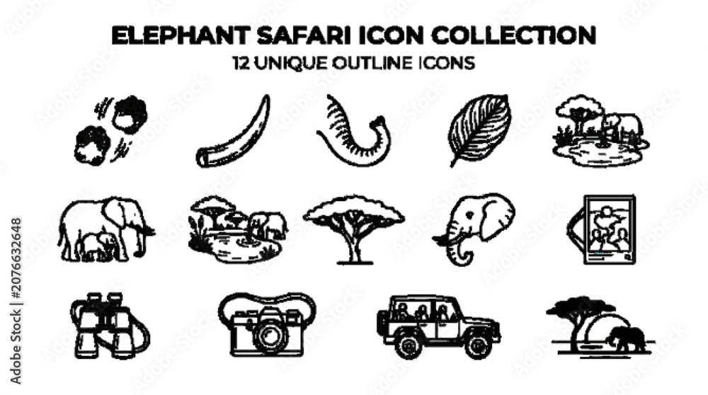 Fototapeta Elephant safari icon collection with 12 unique outline icons including footprints, tusk, trunk, leaf, elephant family, watering hole, jungle tree, and elephant face. white background