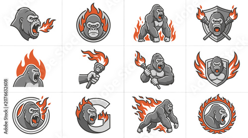 Canvas Print Gorilla head and shield flaming mascot emblems.