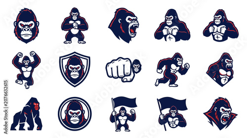 Obraz na plátně Gorilla head logos and athletic primate mascot emblem set.