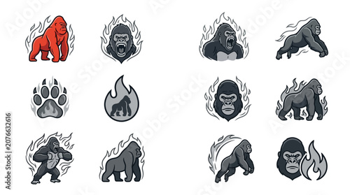 Photography Gorilla head silhouettes and natural flame element icons.