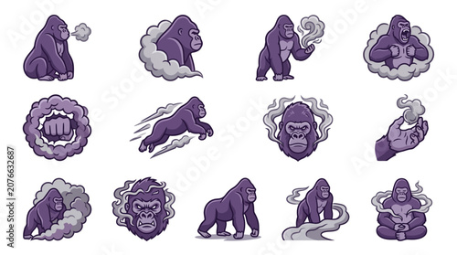 Photography Gorilla mascot characters with magical energy effects set.