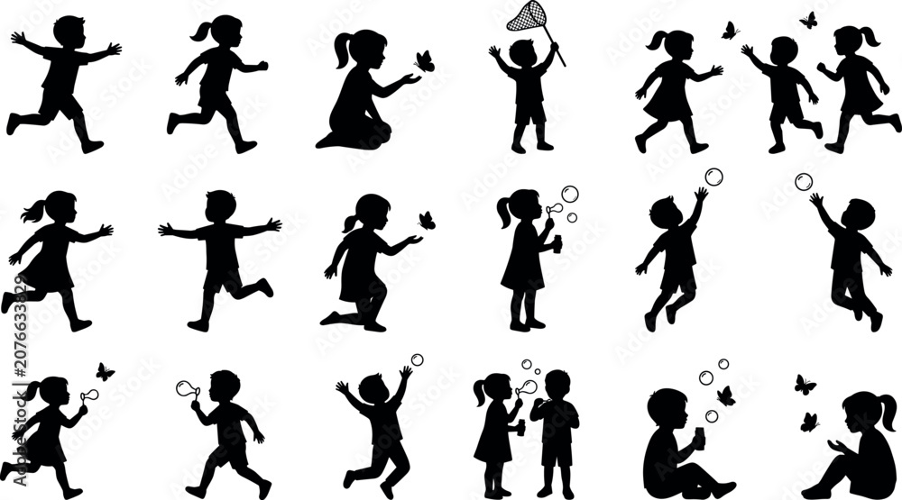 Fototapeta premium Happy children running catching butterflies and blowing bubbles silhouette vector characters set for school education graphic design elements
