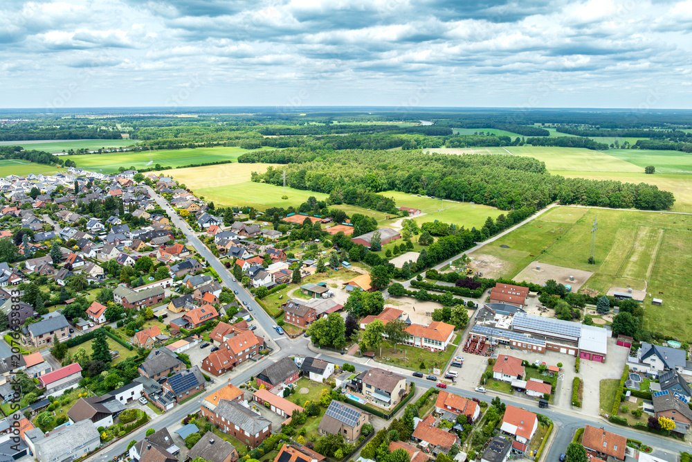 Photography Poster Aerial drone view of Osloß, District of Gifhorn