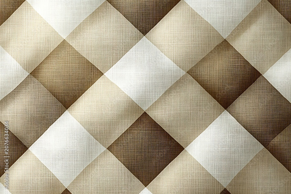 Fototapeta premium A quilted fabric surface presents a geometric diamond pattern in warm brown and light beige tones