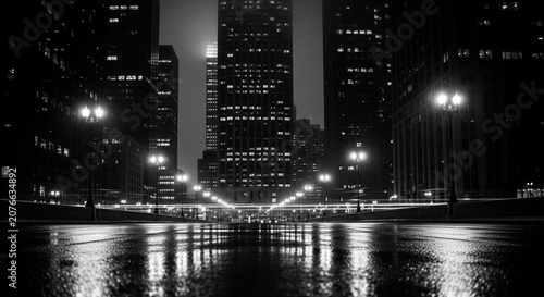 Night Cityscape Wet Street Reflection Black and White Skyscrapers Light Streaks