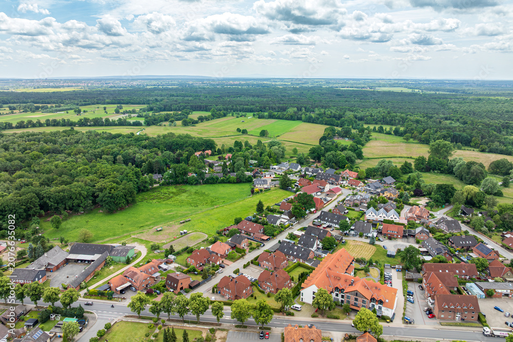 Fototapeta premium Aerial drone view of Osloß (Osloss), District of Gifhorn, Lower Saxony, Germany