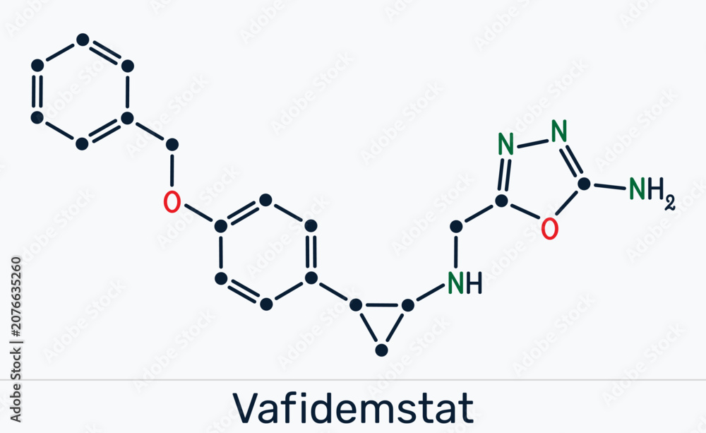 Obraz premium Vafidemstat molecule. ORY-2001, epigenetic drug alzheimer's disease, LSD1 inhibitor, lysine-specific demethylase 1 inhibitor