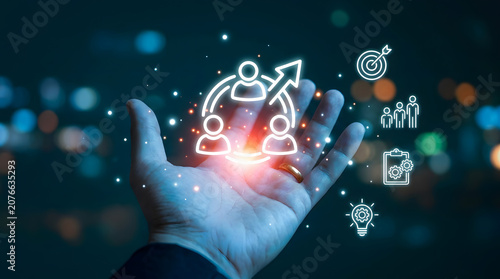 Business Team Leadership Concept in Hand With Network Icons and Growth Strategy Visualization