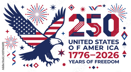 American eagle vector illustration with flag wings for united states 250 years of freedom anniversary
