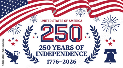 United states 250 years of independence vector illustration with waving flag eagle liberty bell fireworks