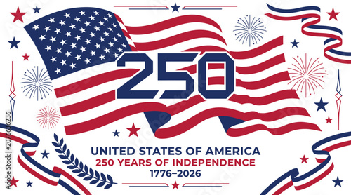 United states 250th anniversary vector banner illustration with waving american flag and fireworks celebration