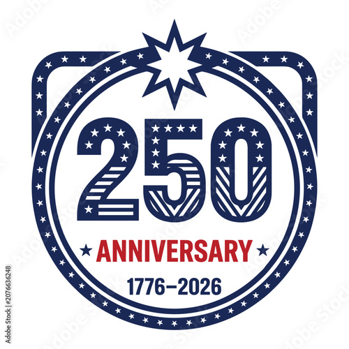 United states 250th anniversary vector illustration circular badge with patriotic stars stripes red blue