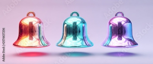 Three iridescent bells floating in a soft gradient background with subtle shadows.