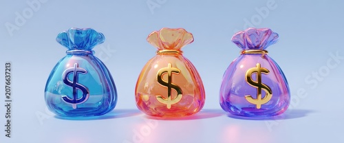 Three colorful money bags with dollar signs, representing wealth and finance.