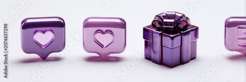 Shiny Purple Social Media Icons and Gift Box on White Background.