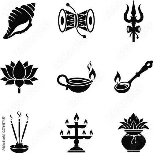 Hindu ritual icons set with sacred religious symbols of pooja spiritual items and festival decorations vector