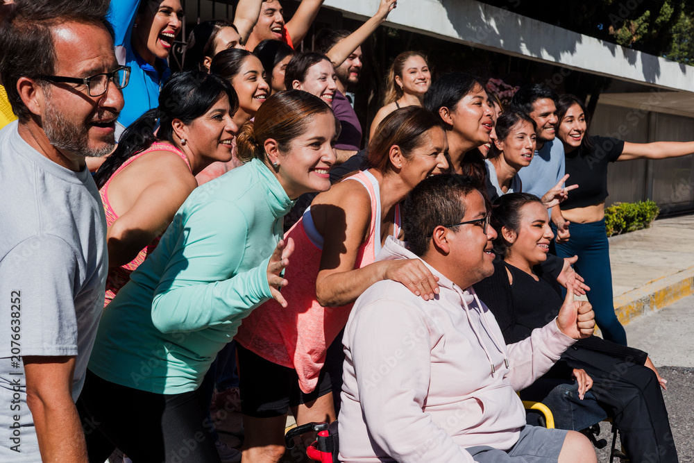Obraz premium Group of latin people running and training together in mexican street in Mexico Latin America, hispanic runners club preparing a race