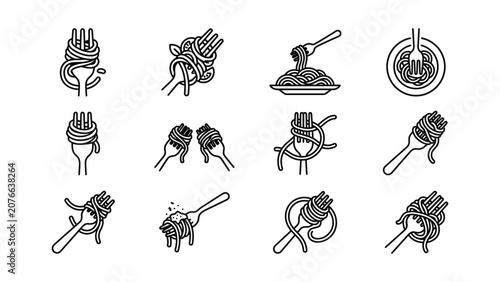 Spaghetti Fork Icons Collection Italian Food Pasta Meal Line Art Graphics
