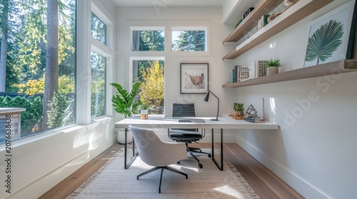 Modern home office with large windows, showcasing natural light, calm and inviting workspace