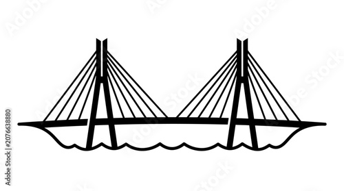 Modern Cable-Stayed Bridge Icon Spanning Wavy Water, Isolated White Background
