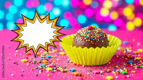Chocolate Truffle with Colorful Sprinkles in Yellow Cupcake Liner on Pink Background with Blank Comic Speech Bubble for Text