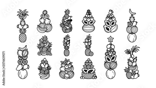 Creative Fruit Towers Collection Black and White Hand Drawn Illustrations