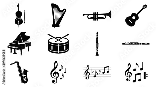Photos Black and white music icons set.