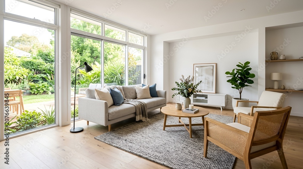 Fototapeta premium Modern living room with natural light, stylish furniture, and garden view