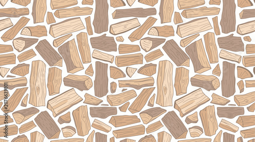 Seamless firewood log pattern with randomly arranged wooden logs in natural brown tones, perfect for wallpaper, textile and wrapping paper.