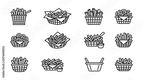 French Fries Icon Set Fast Food Basket Snacks Vector Graphics