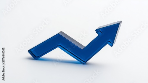 Blue glass arrow pointing up isolated on white, growth and success