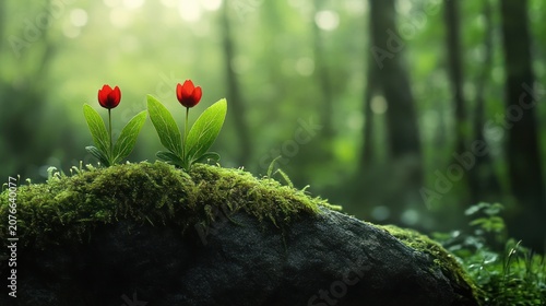 Red tulips on mossy rock, forest background, nature, spring, peaceful