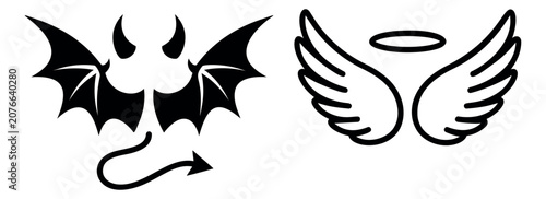 Silhouette and outline icon set of 2 featuring devil wings with horns and tail alongside angel wings with halo for good versus evil design