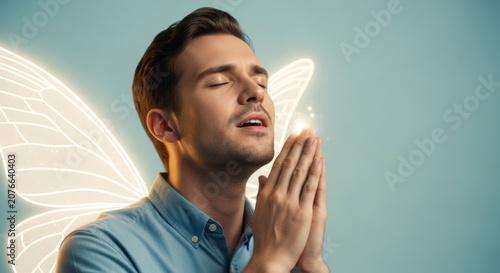 Young singer with glowing fairy wings passionately performs with acoustic guitar. The concept of religiosity and faith, angelic singing
