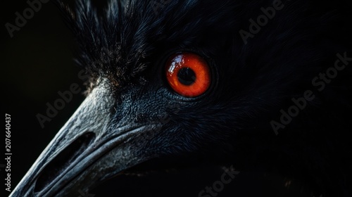 Close-up black bird eye, dark background, wildlife, nature