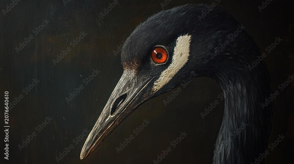 Fototapeta premium Close-up crane portrait against dark backdrop