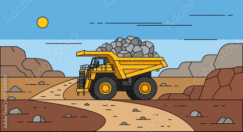 Yellow construction excavator digging in desert terrain.