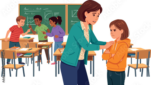 Photos Concerned female teacher comforting upset schoolgirl while student argument conf