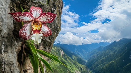 Orchid on cliff edge, mountain valley view, scenic landscape, nature photography