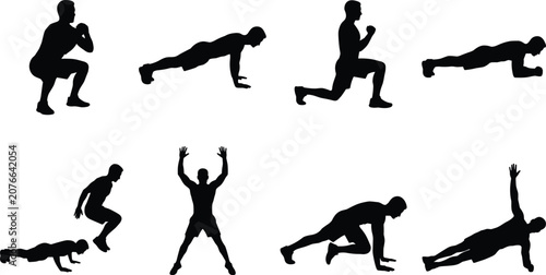 Photos Fitness Exercise Black Silhouette Bundle Bodyweight Workout Training Poses Vecto