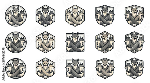 Quadro su tela Gray fox emblem icons on geometric shield backgrounds.