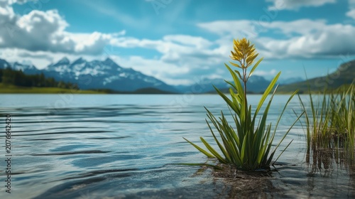 Yellow flower by lake with mountains