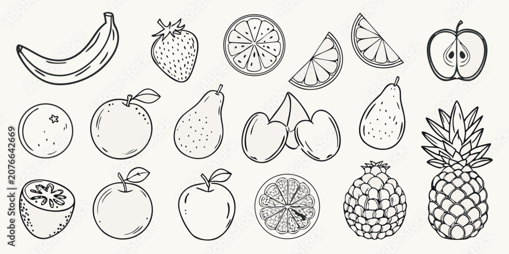 Fototapeta premium Fruit Sketches Collection Black And White Line Art Illustration
