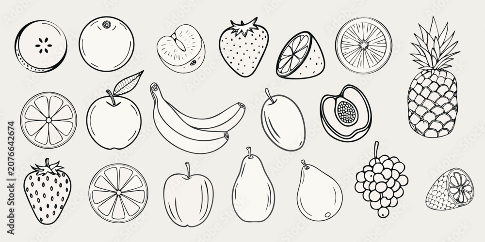 Fototapeta premium Fruit Sketch Collection Black And White Line Art Illustration