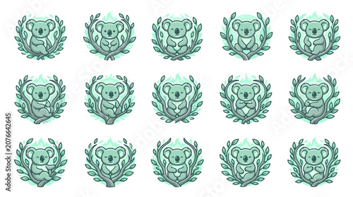 Canvas Print Green koala bear icons with laurel leaf wreaths.