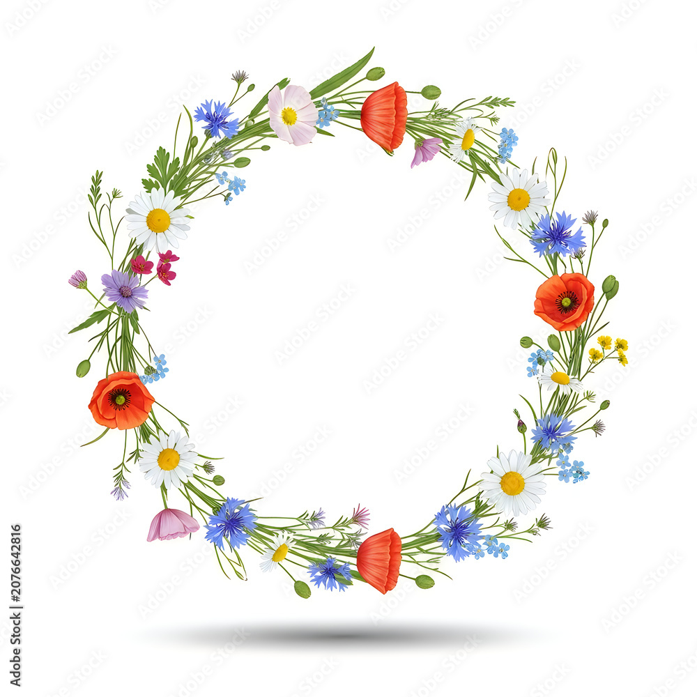 Fototapeta premium Colorful wreath of hand drawn flowers and leaves in circle shape