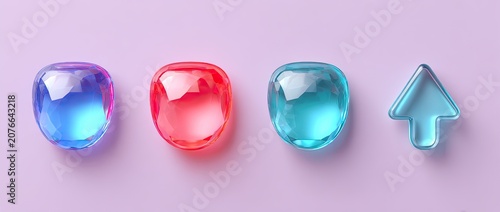 Four translucent colorful gems and an arrow on a light purple background.