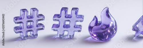 Transparent Purple Hashtag and Flame Symbols on a White Background.