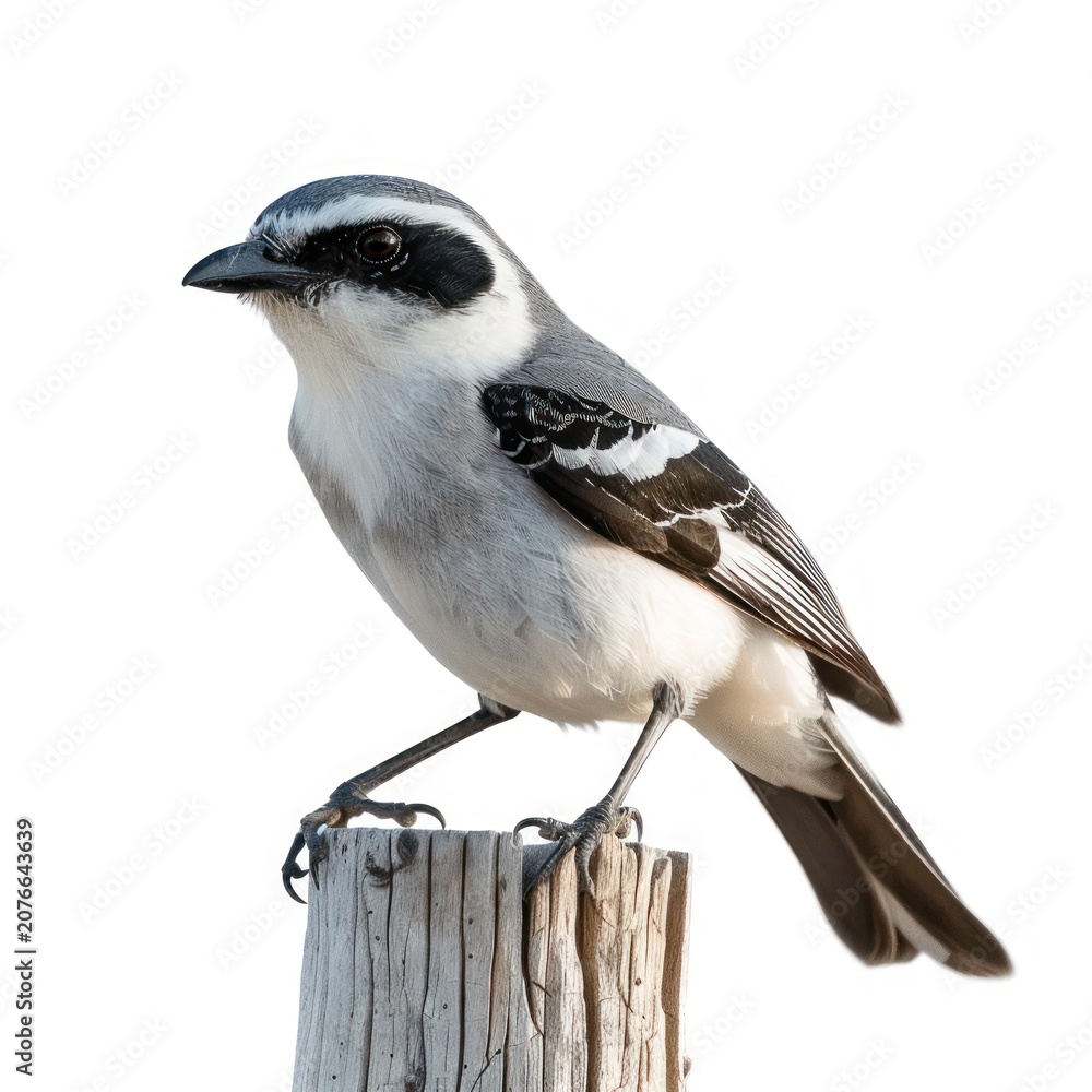 Fototapeta premium A gray and white bird perched on a wooden post, showcasing a serene moment in nature, with a focus on avian life and its detailed features.